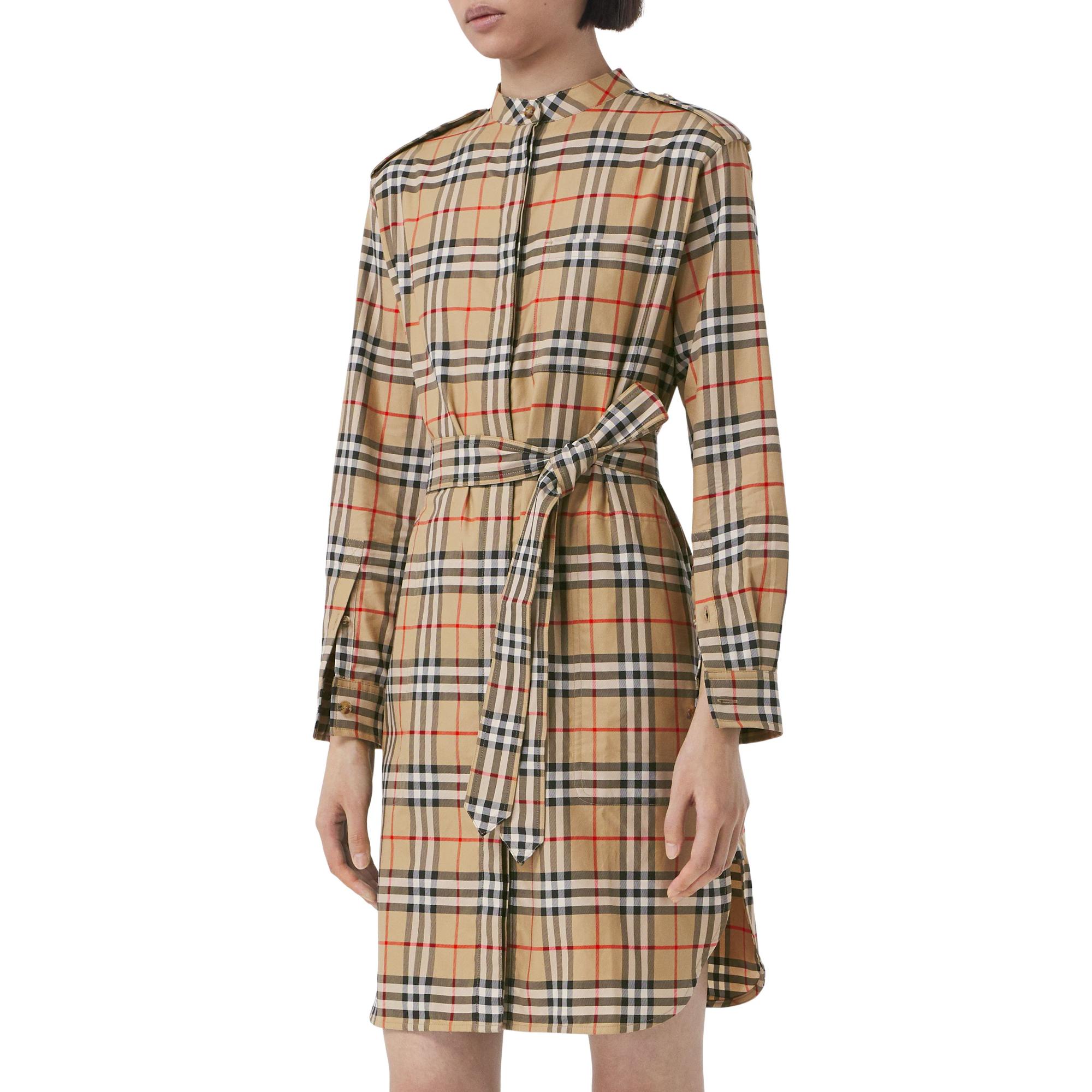 빈티지 체크 코튼 타이 웨이스트 셔츠 드레스