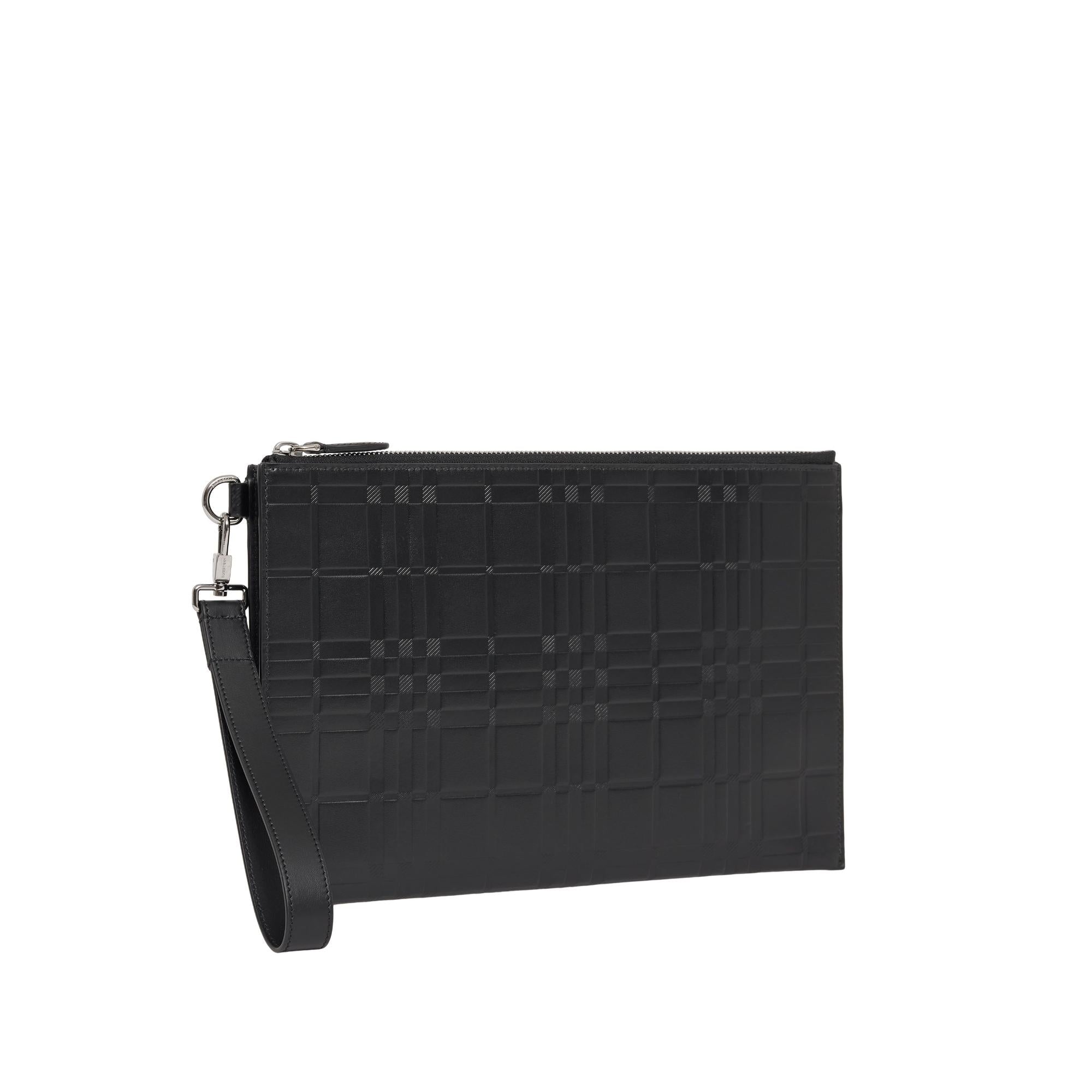 라지 엠보싱 체크 레더 지퍼 파우치