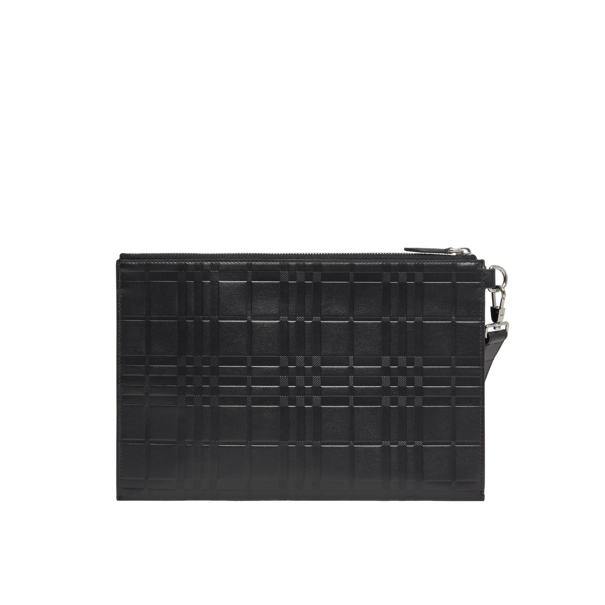 라지 엠보싱 체크 레더 지퍼 파우치