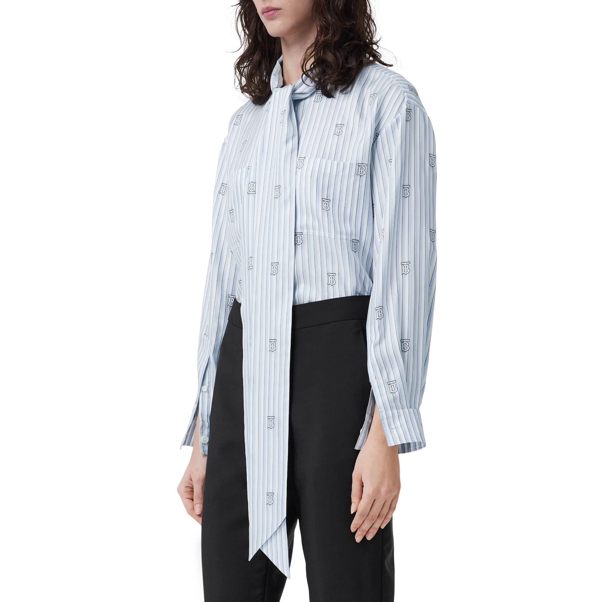 모노그램 스트라이프 실크 블렌드 타이넥 블라우스