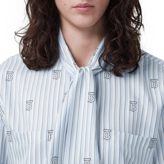 모노그램 스트라이프 실크 블렌드 타이넥 블라우스