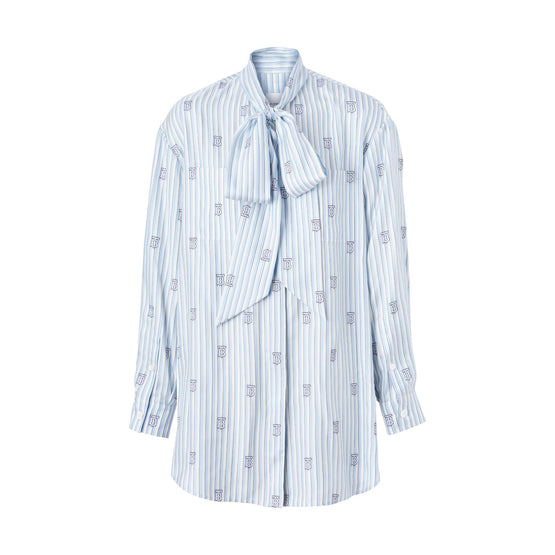 모노그램 스트라이프 실크 블렌드 타이넥 블라우스