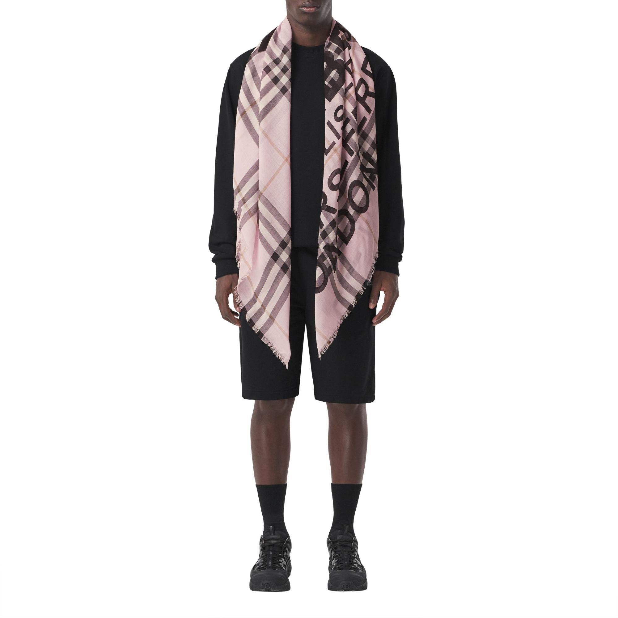 로고 체크 울 실크 스카프