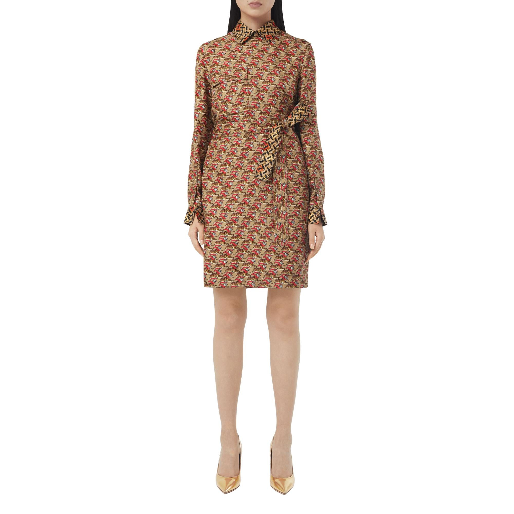 타이거 그래픽 모노그램 실크 셔츠 드레스