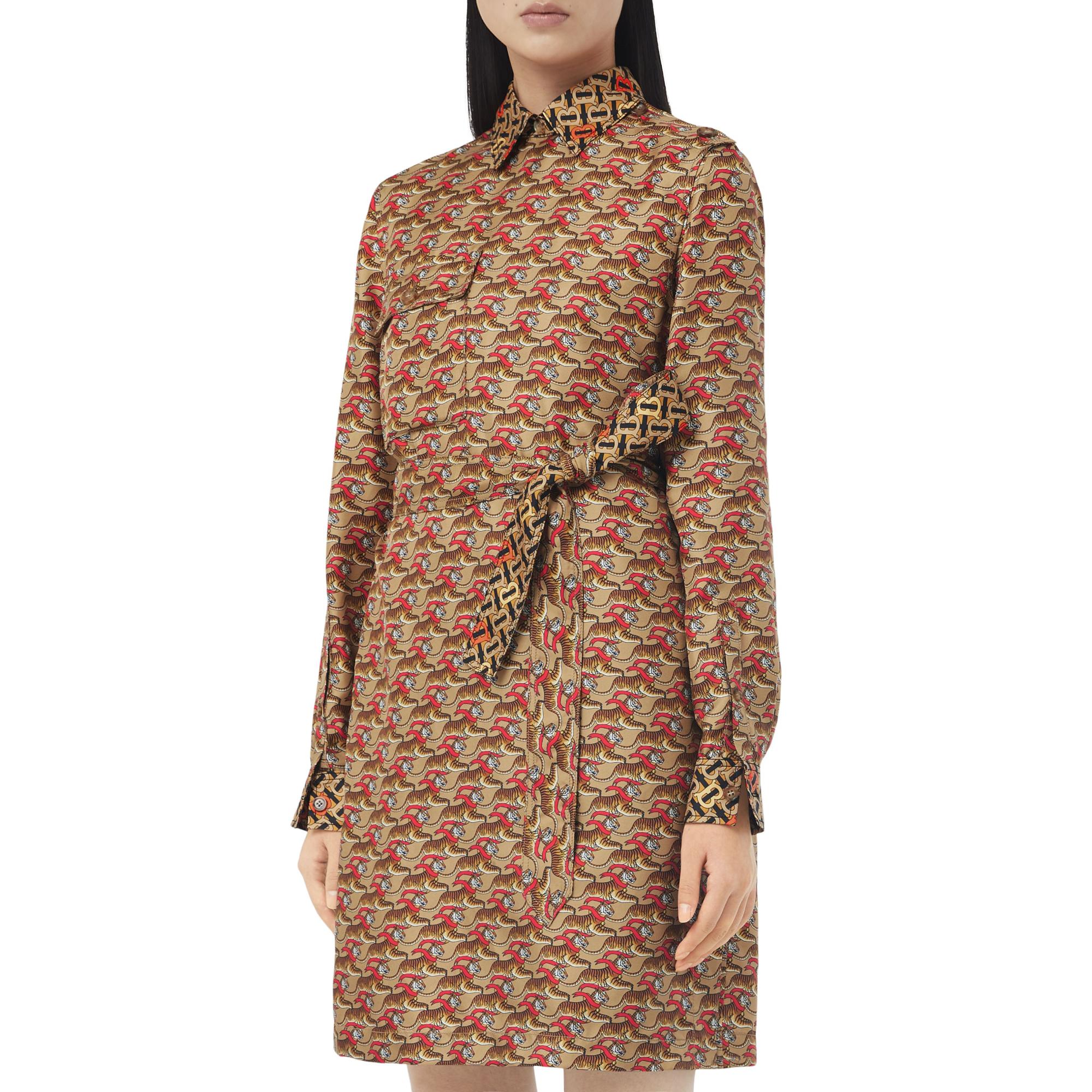 타이거 그래픽 모노그램 실크 셔츠 드레스