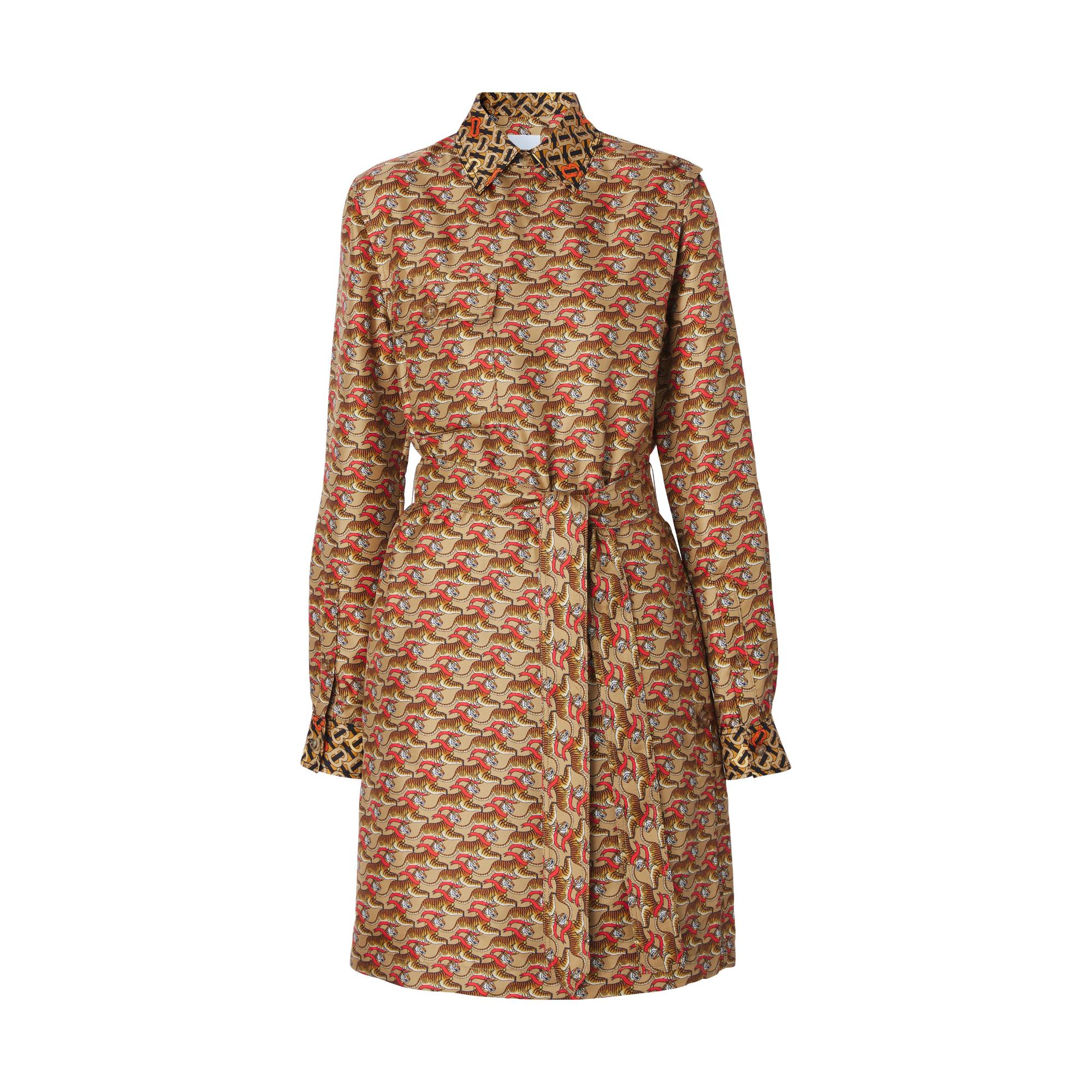 타이거 그래픽 모노그램 실크 셔츠 드레스