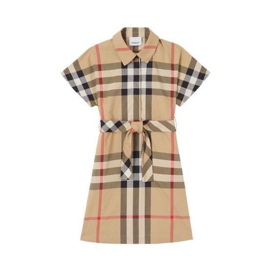 체크 스트레치 코튼 타이 웨이스트 셔츠 드레스