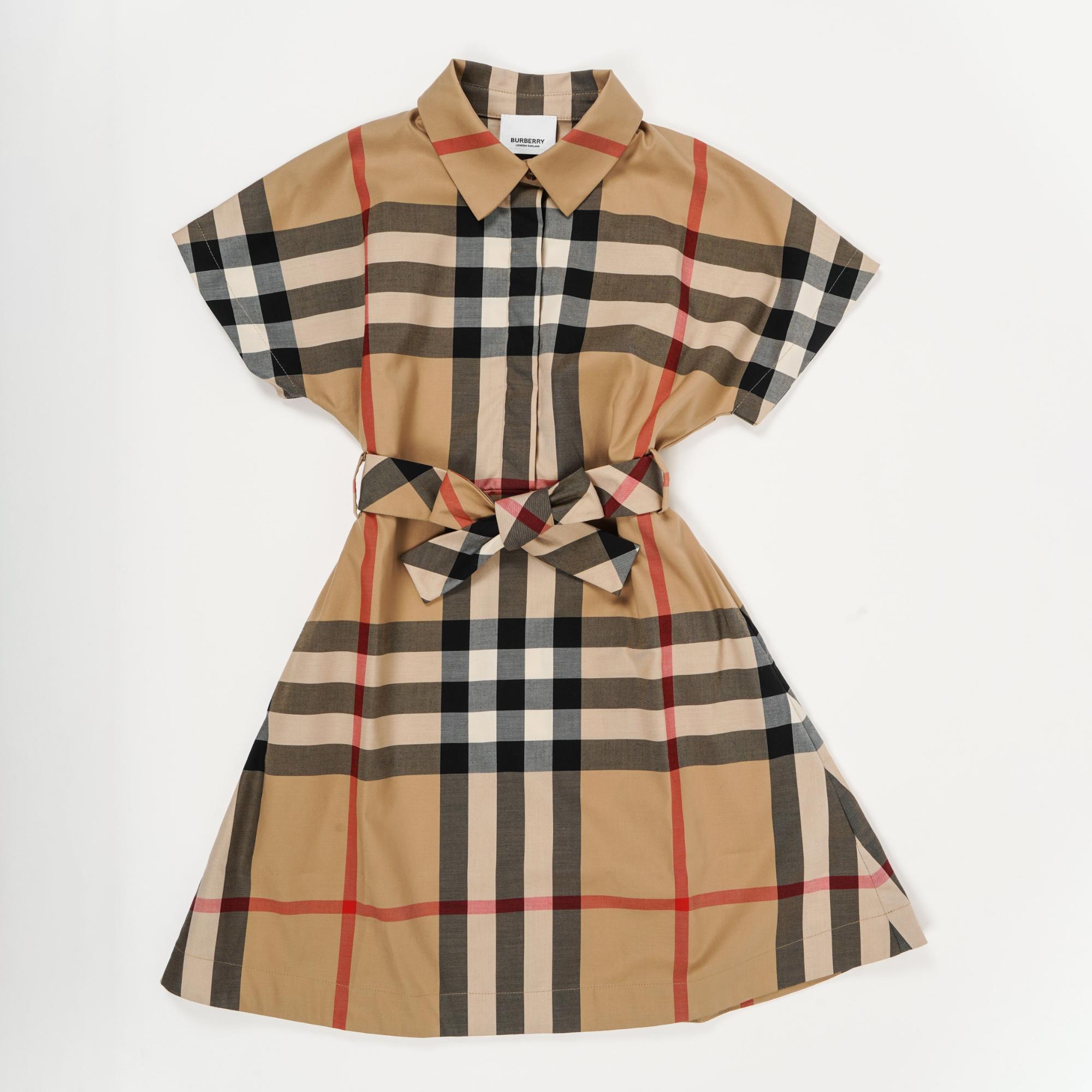 체크 스트레치 코튼 타이 웨이스트 셔츠 드레스