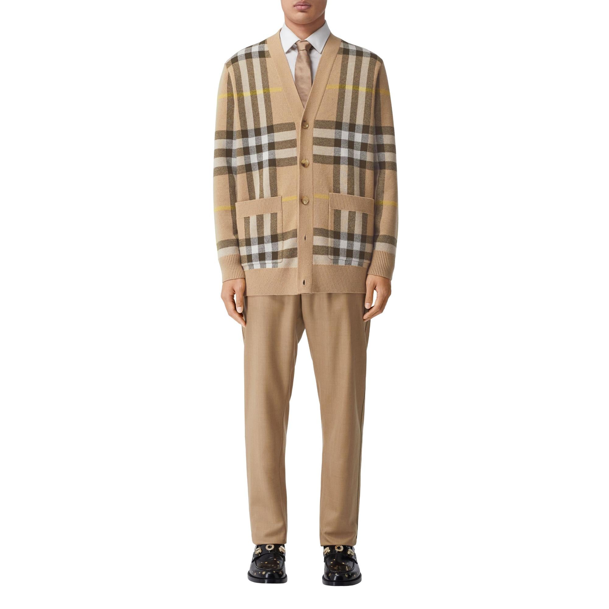 체크 울 캐시미어 자카드 카디건