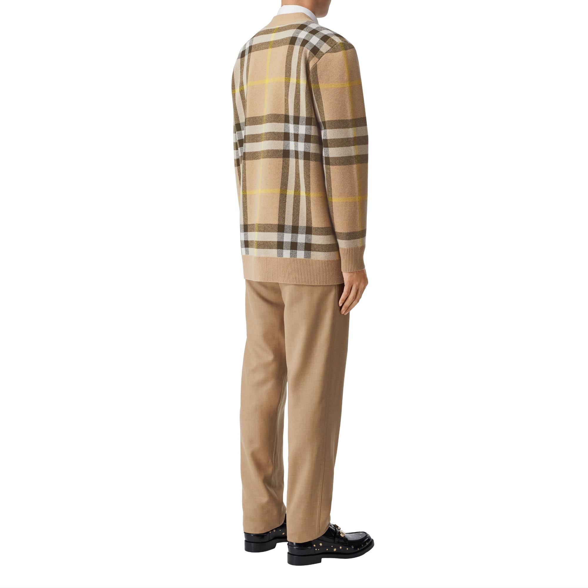 체크 울 캐시미어 자카드 카디건