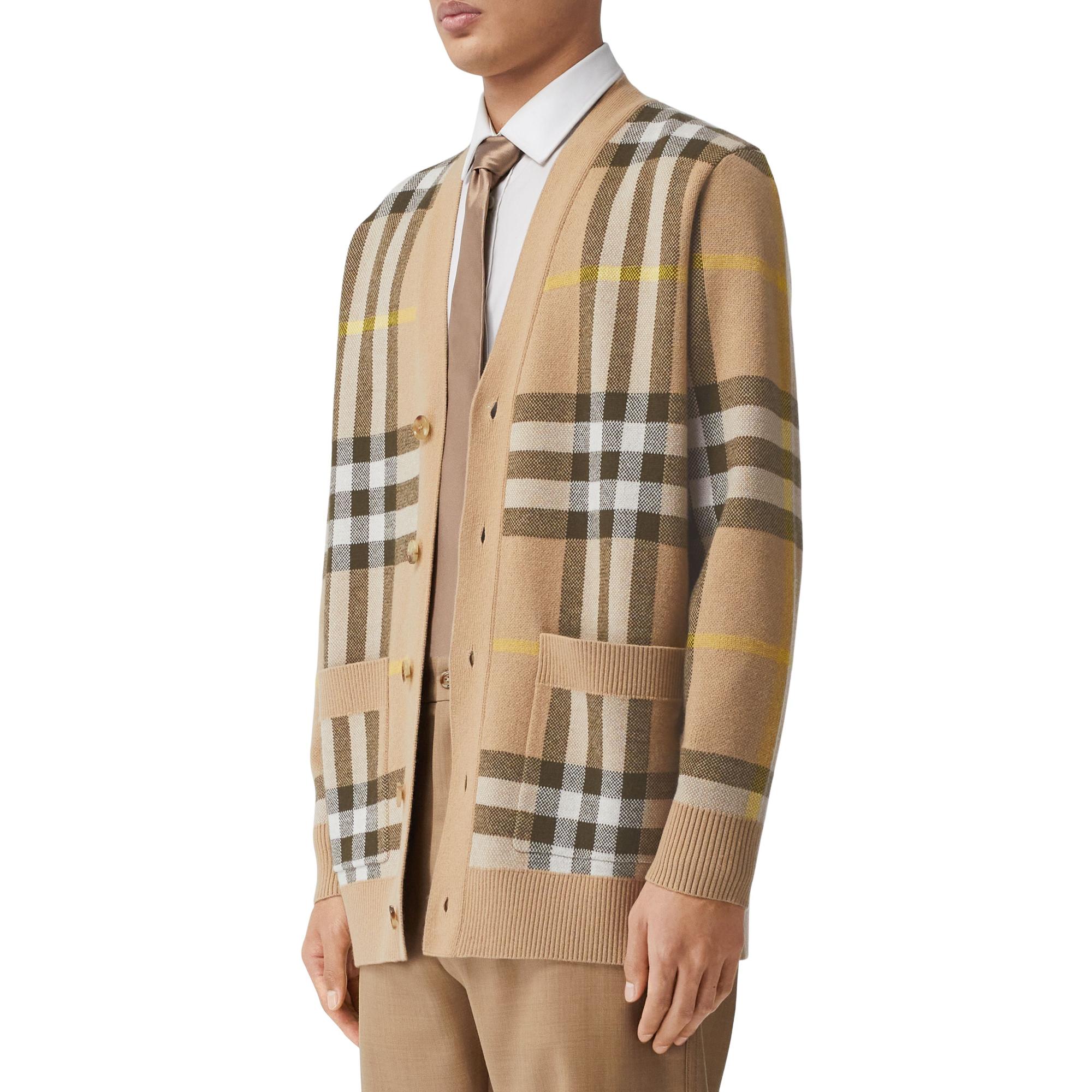 체크 울 캐시미어 자카드 카디건