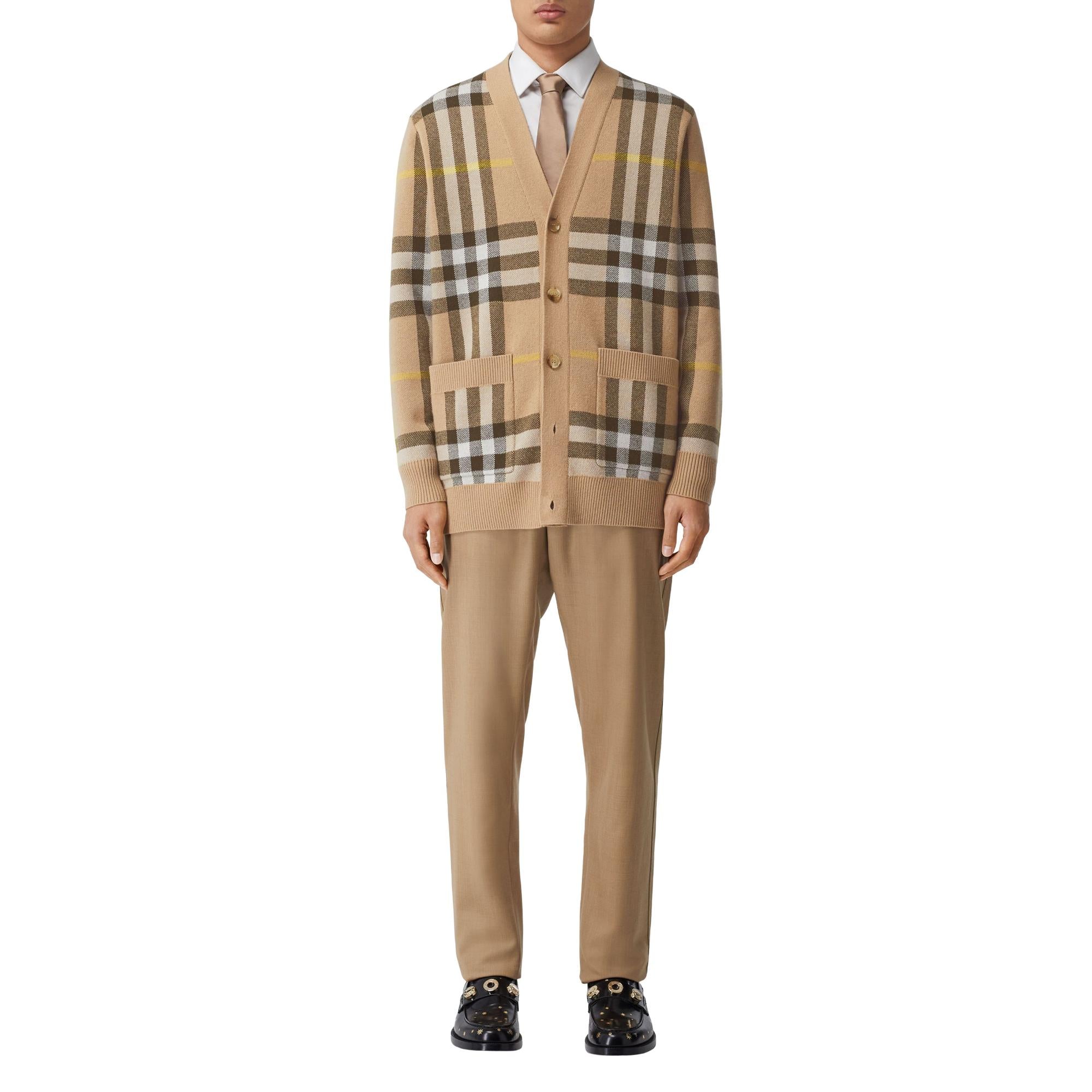 체크 울 캐시미어 자카드 카디건