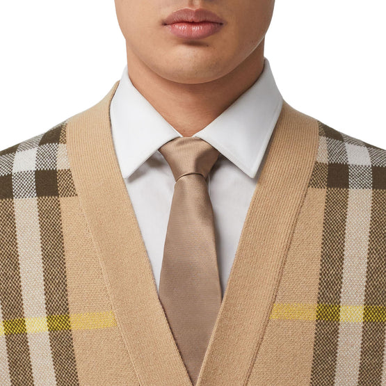 체크 울 캐시미어 자카드 카디건