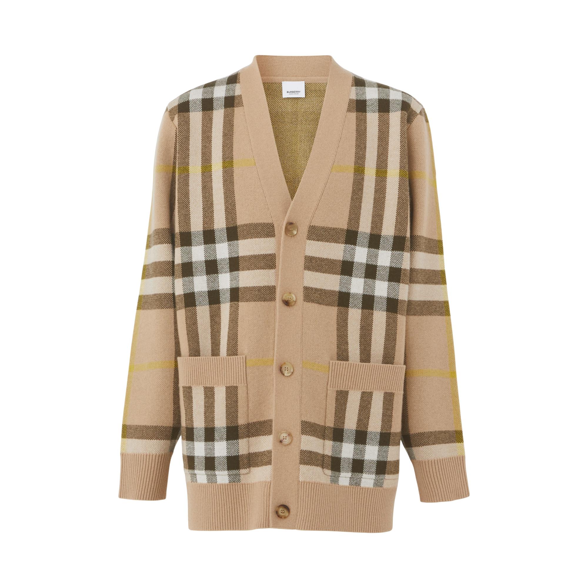 체크 울 캐시미어 자카드 카디건