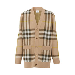 체크 울 캐시미어 자카드 카디건
