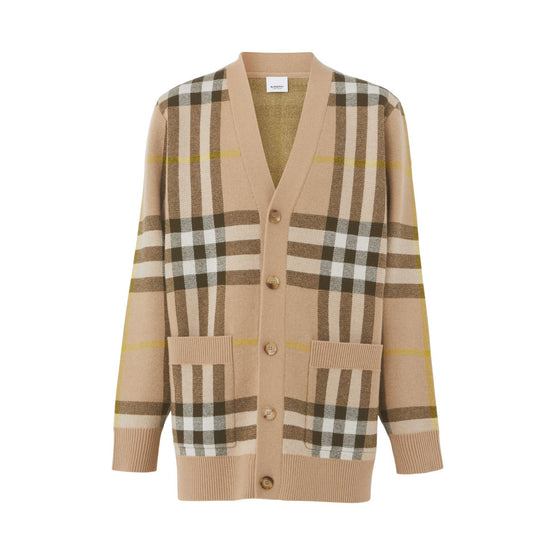 체크 울 캐시미어 자카드 카디건