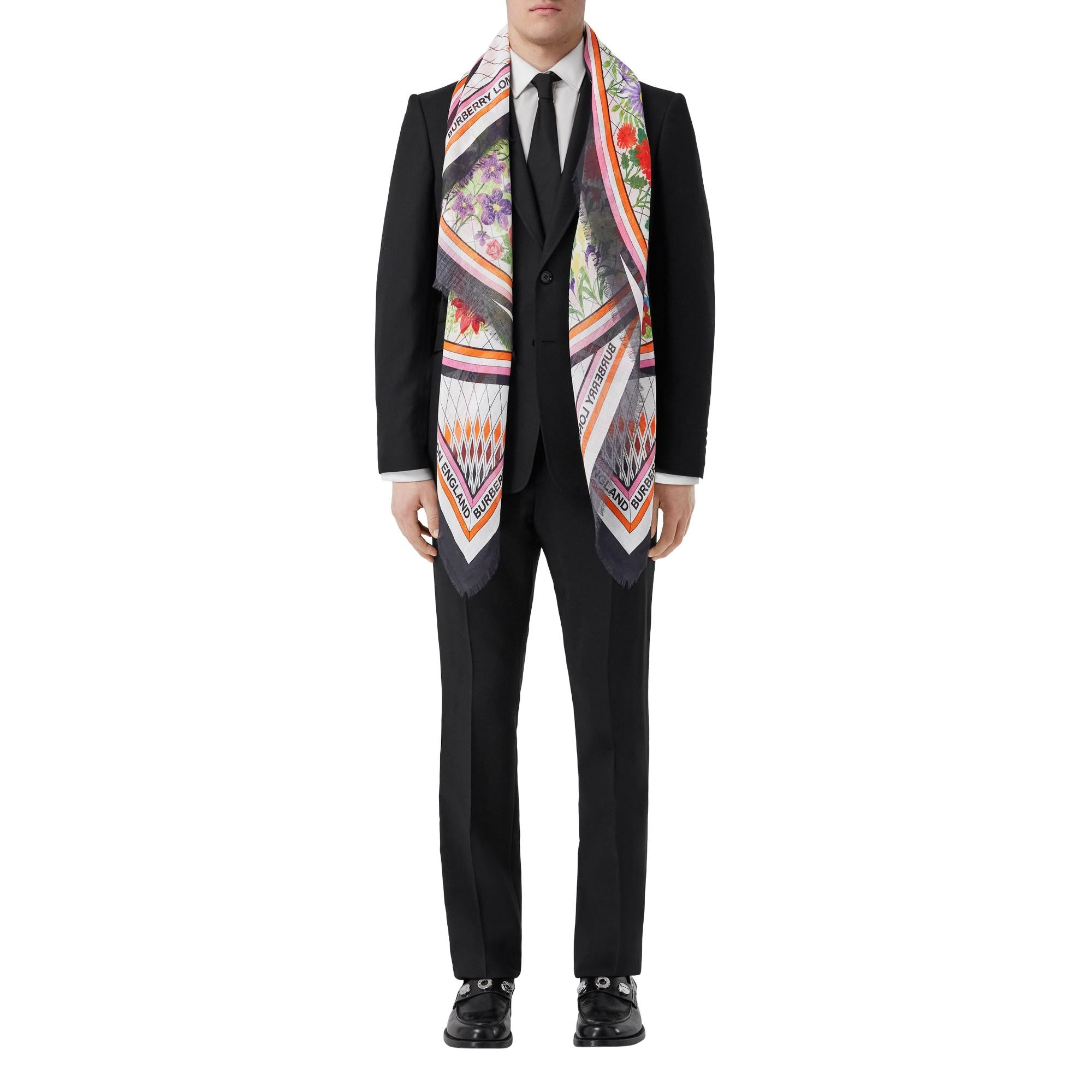 라지 플로럴 프린트 울 실크 스퀘어 스카프