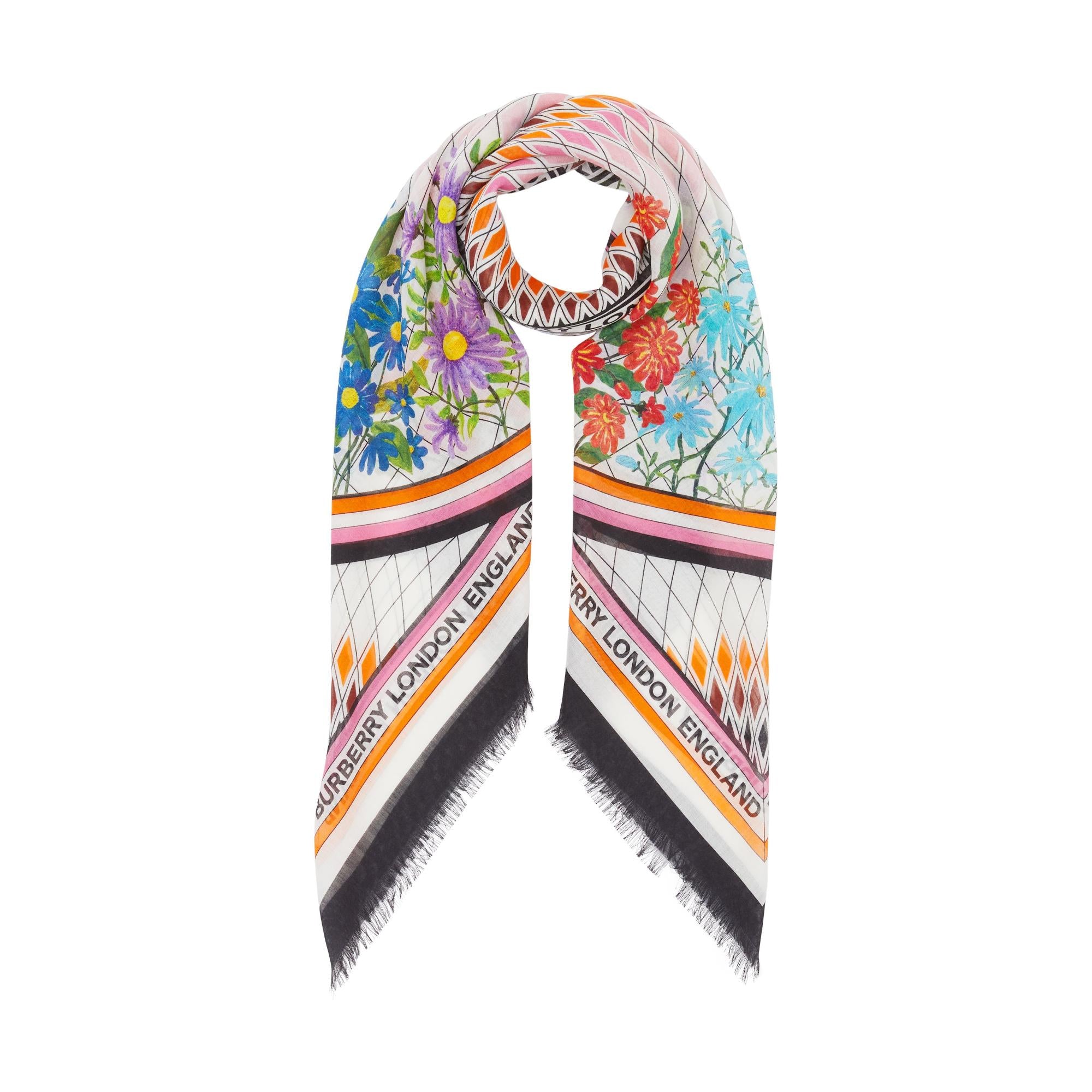 라지 플로럴 프린트 울 실크 스퀘어 스카프