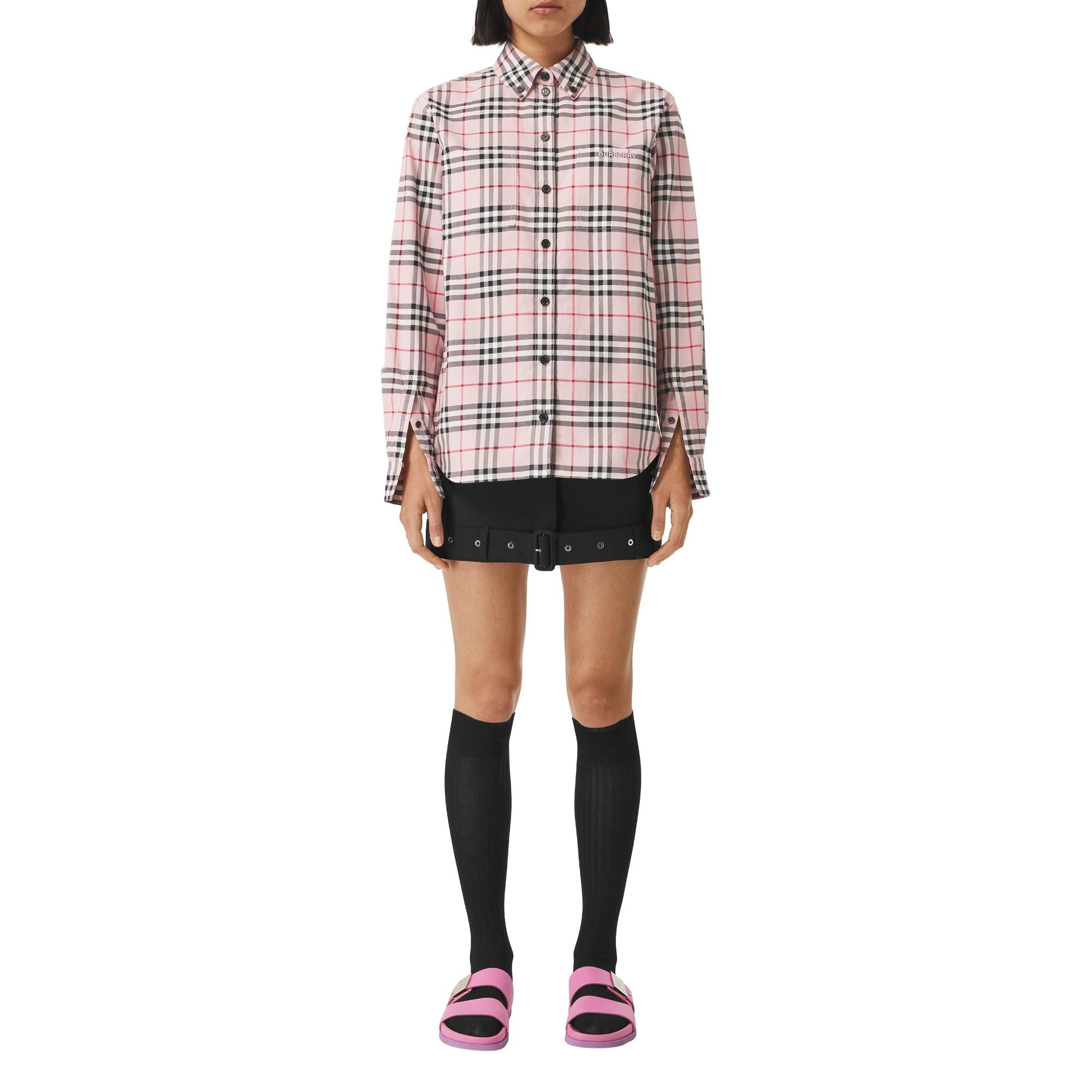 엠브로이더리 로고 체크 코튼 오버사이즈 셔츠