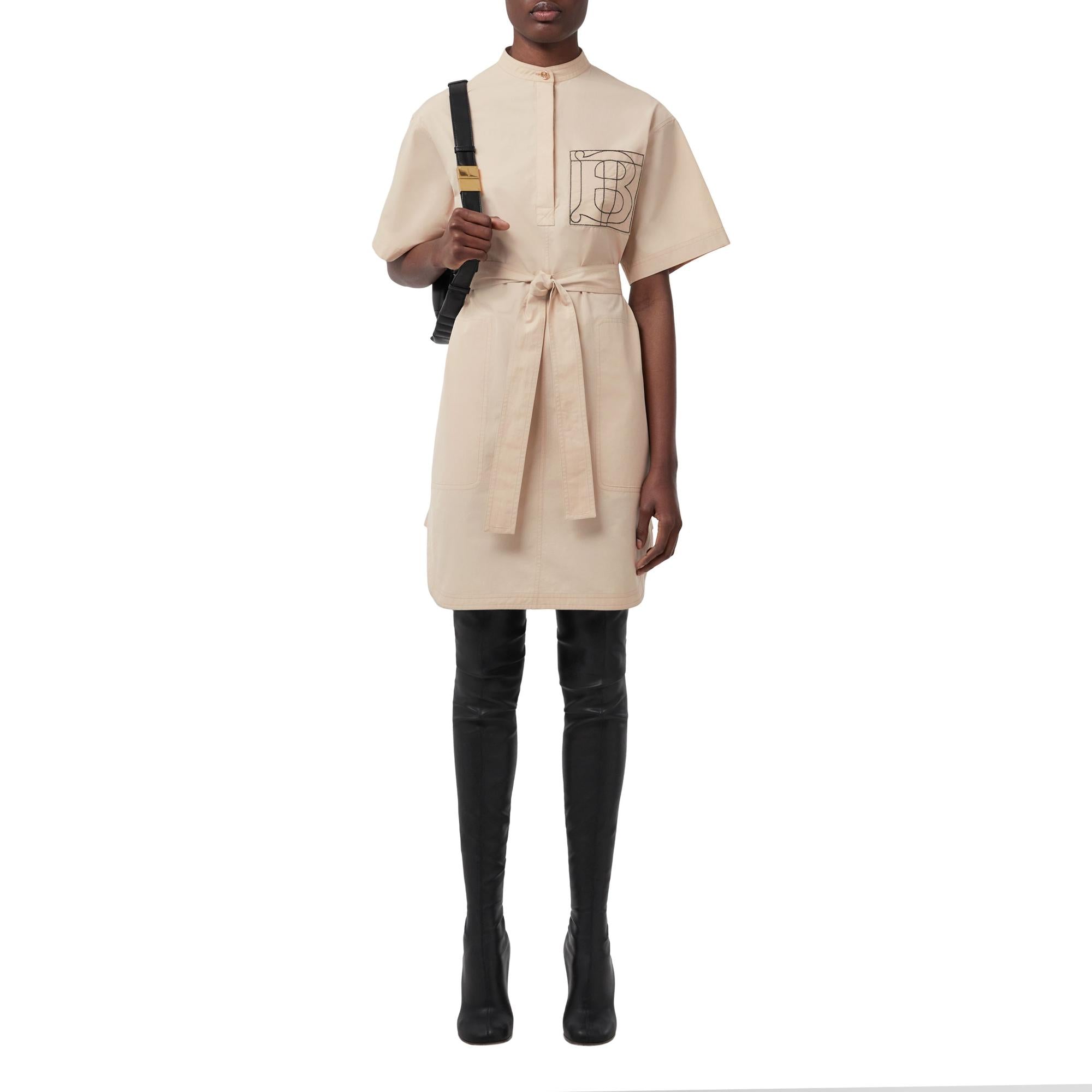 모노그램 모티프 코튼 타이 웨이스트 셔츠 드레스