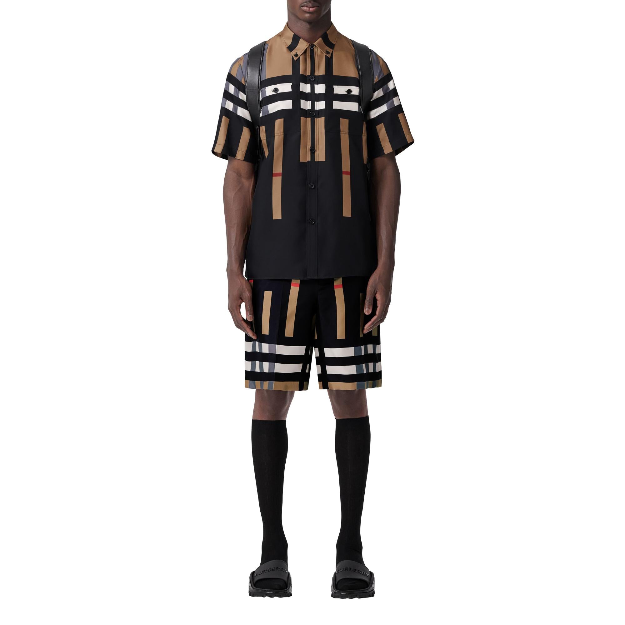 쇼트 슬리브 슬라이스 체크 프린트 실크 셔츠