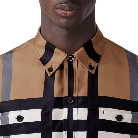 쇼트 슬리브 슬라이스 체크 프린트 실크 셔츠