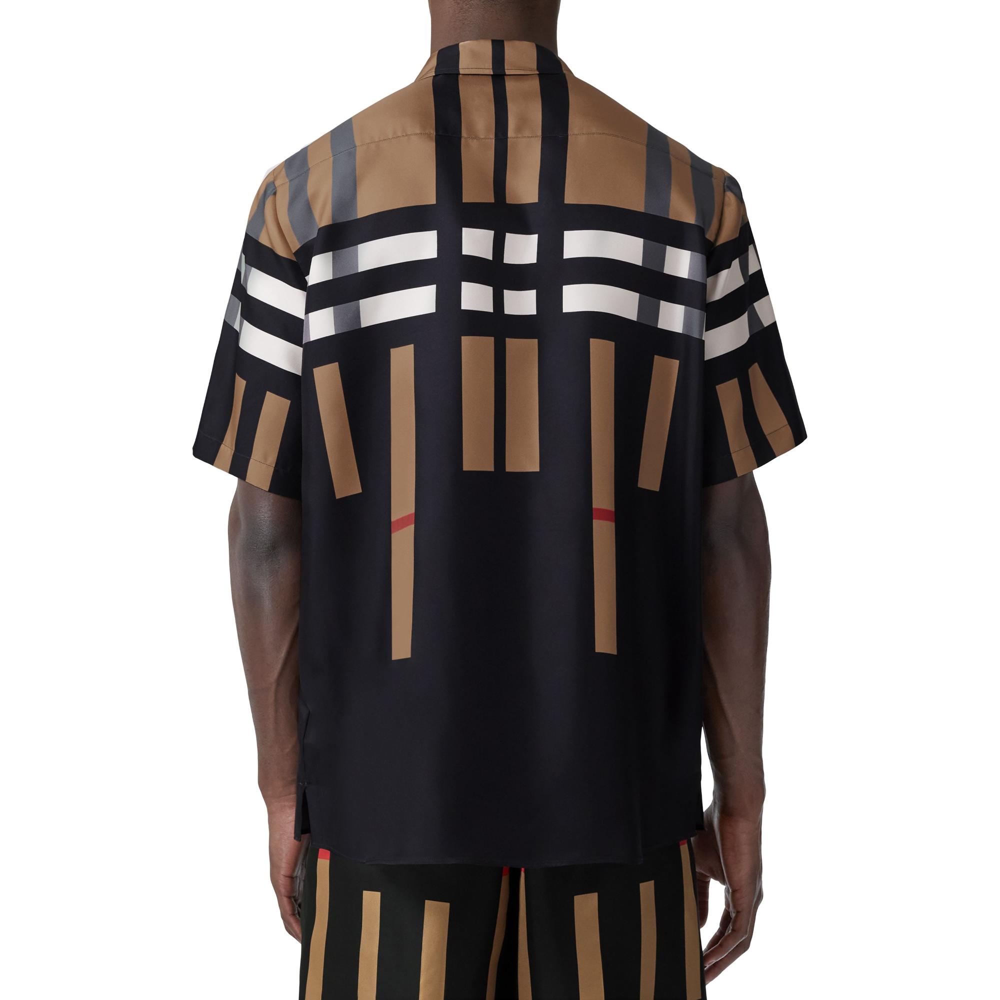 쇼트 슬리브 슬라이스 체크 프린트 실크 셔츠