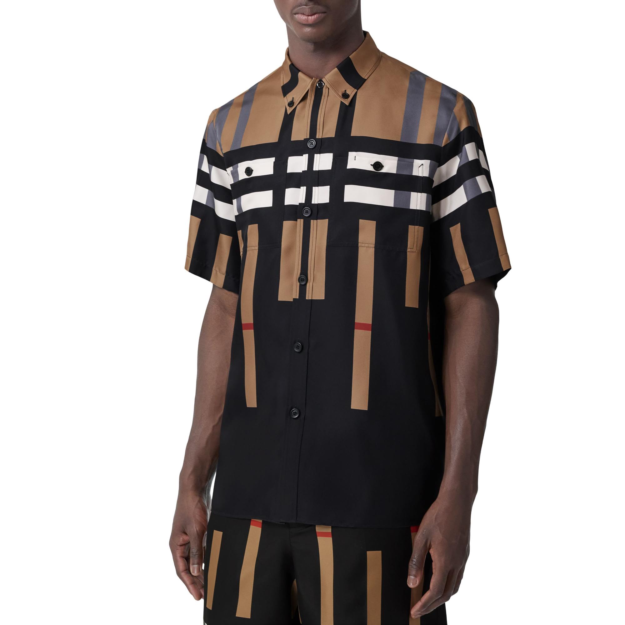 쇼트 슬리브 슬라이스 체크 프린트 실크 셔츠