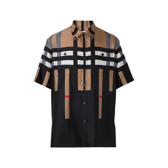 쇼트 슬리브 슬라이스 체크 프린트 실크 셔츠