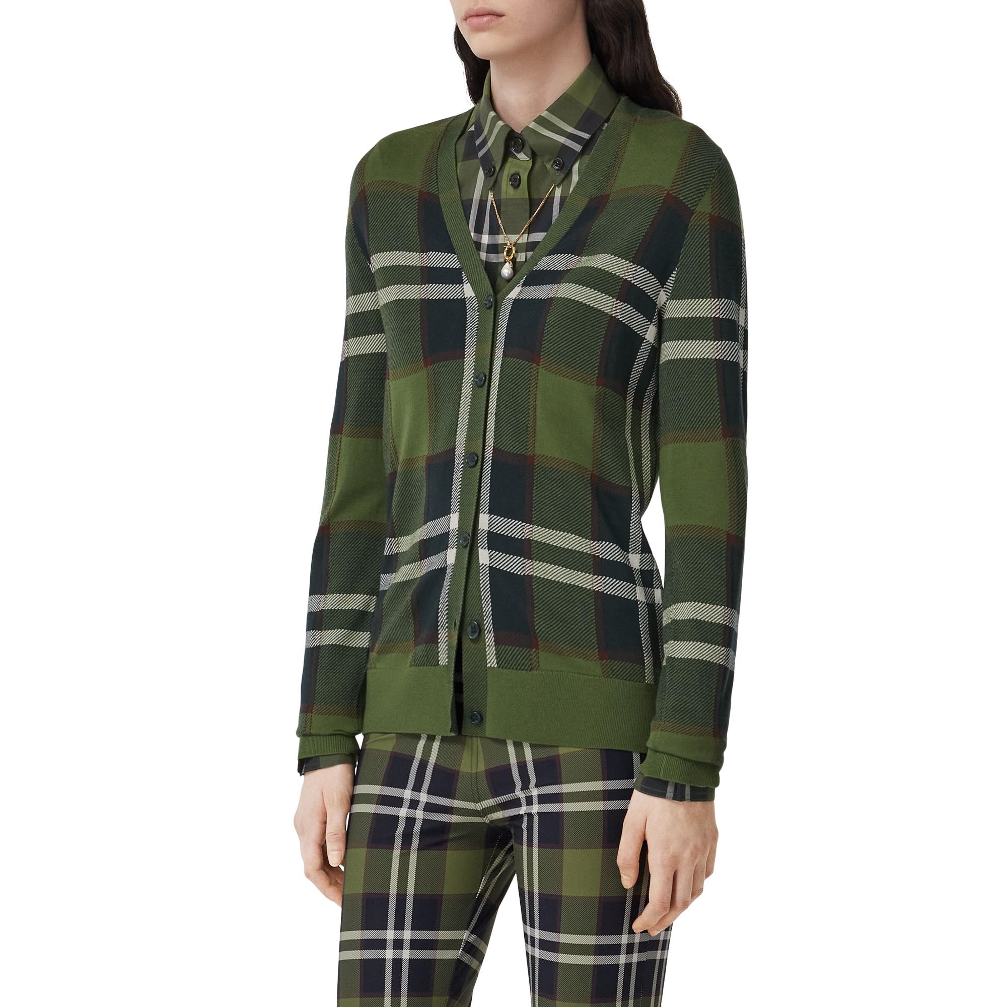 체크 인타르시아 울 실크 코튼 카디건