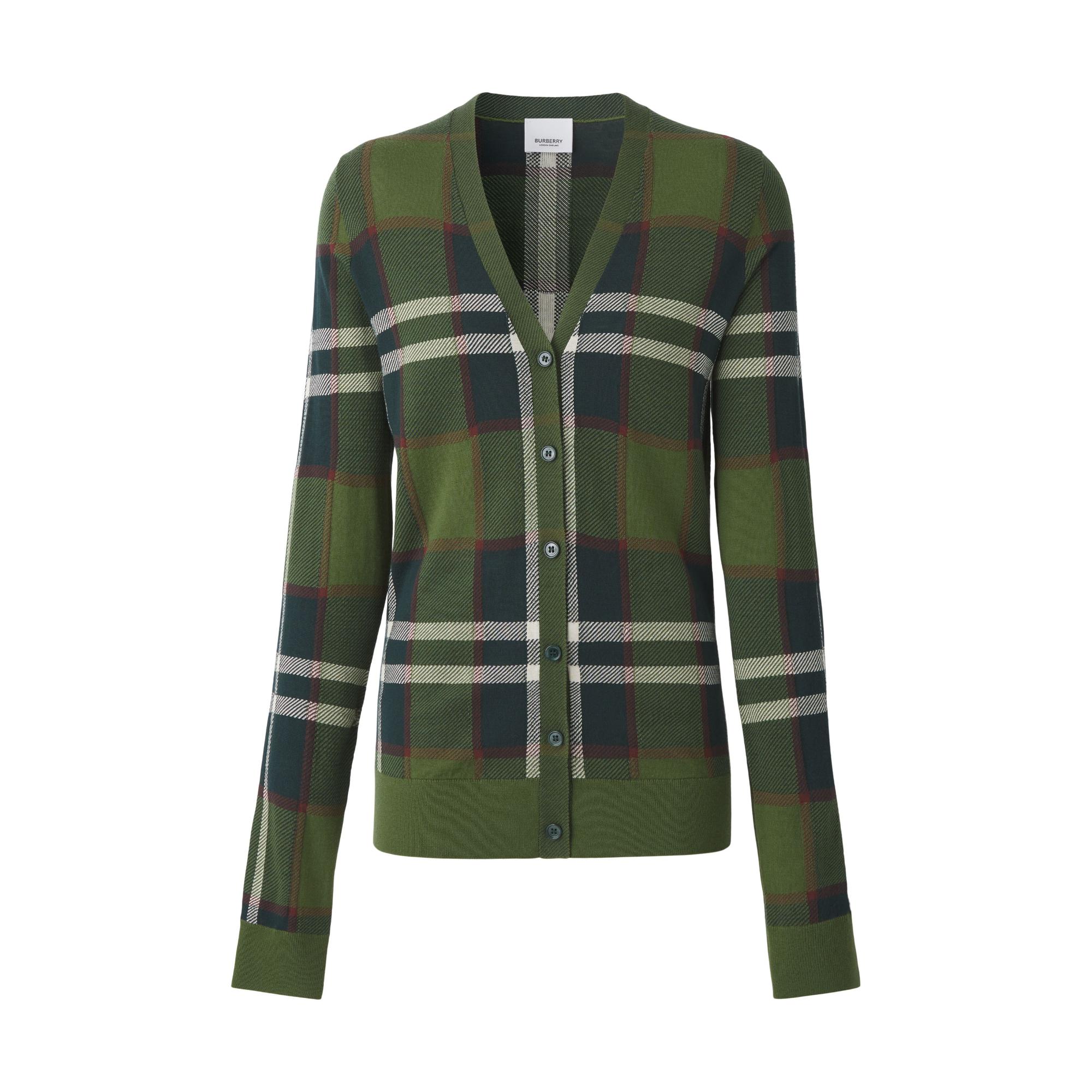 체크 인타르시아 울 실크 코튼 카디건