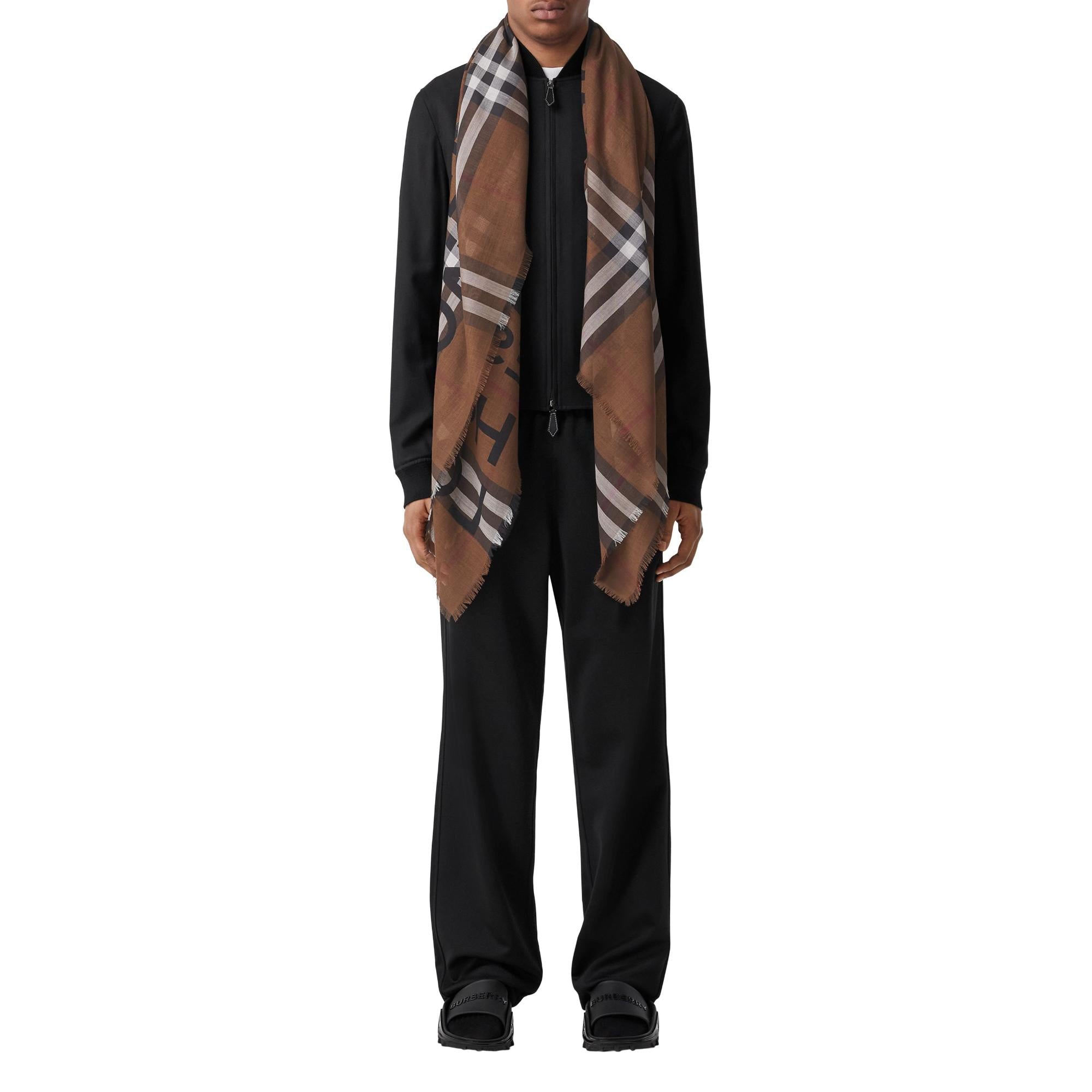 로고 체크 울 실크 스카프