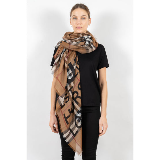 로고 체크 울 실크 스카프