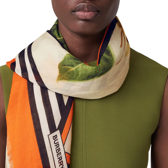 보타니컬 스케치 프린트 울 실크 스퀘어 스카프