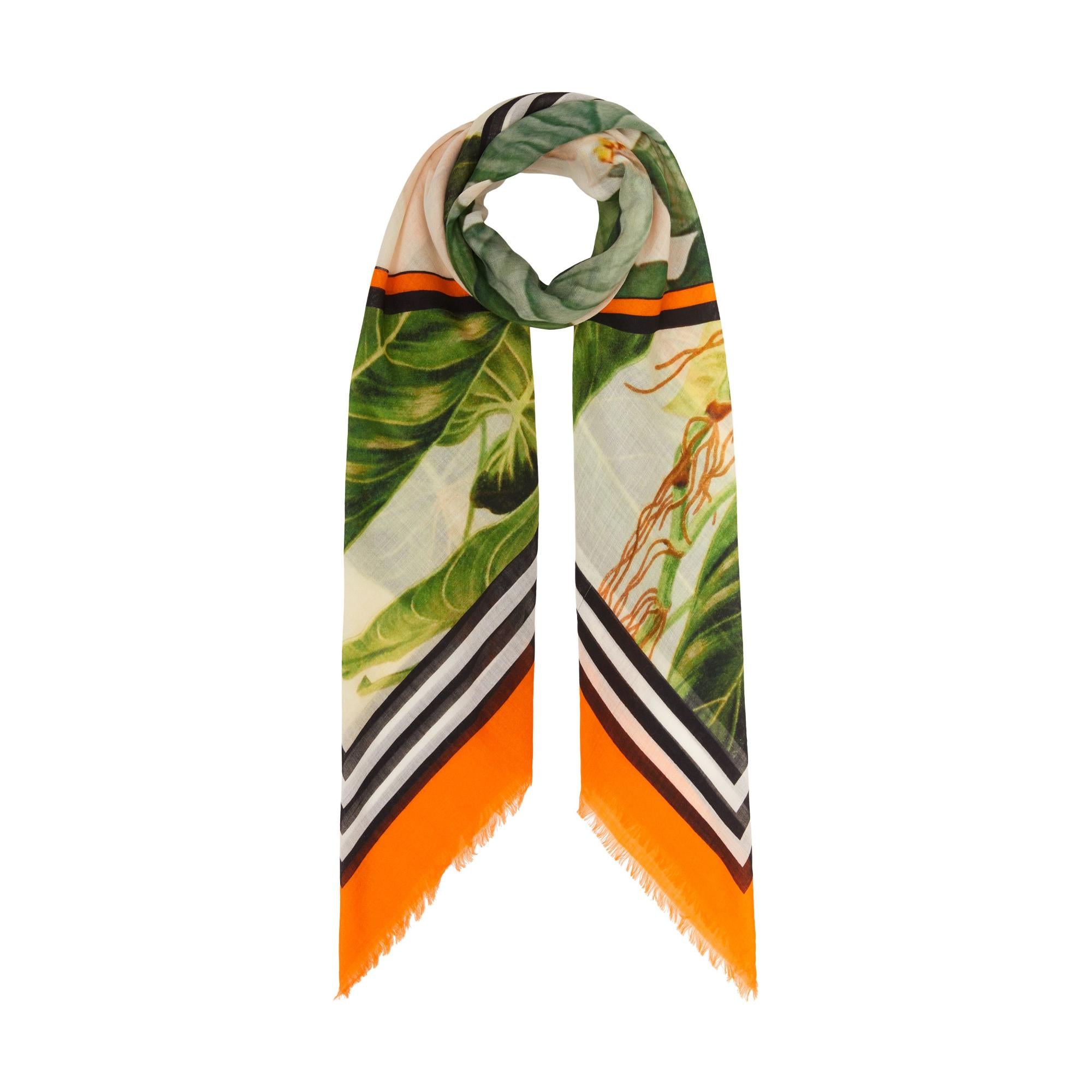 보타니컬 스케치 프린트 울 실크 스퀘어 스카프