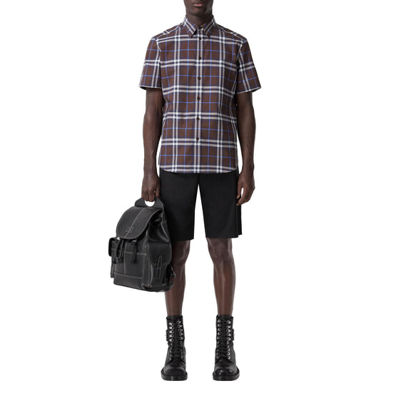 쇼트 슬리브 체크 코튼 포플린 셔츠