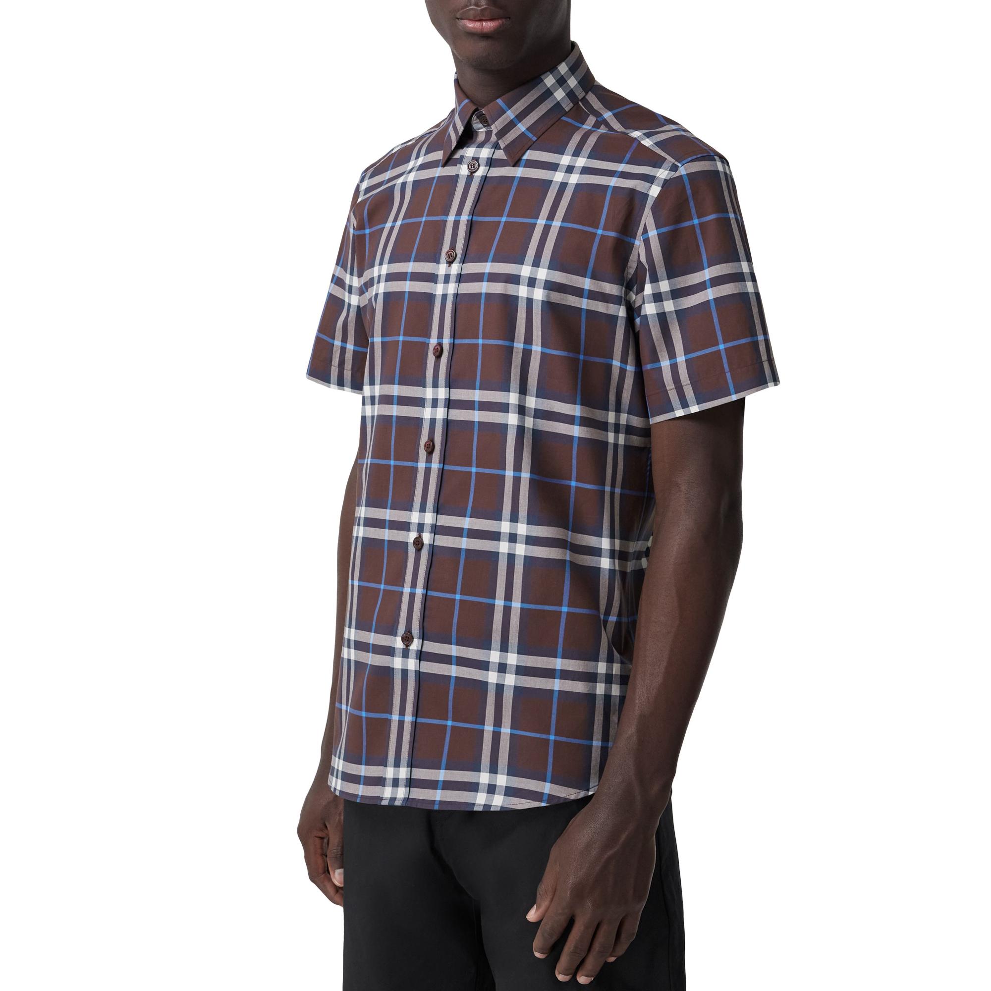 쇼트 슬리브 체크 코튼 포플린 셔츠