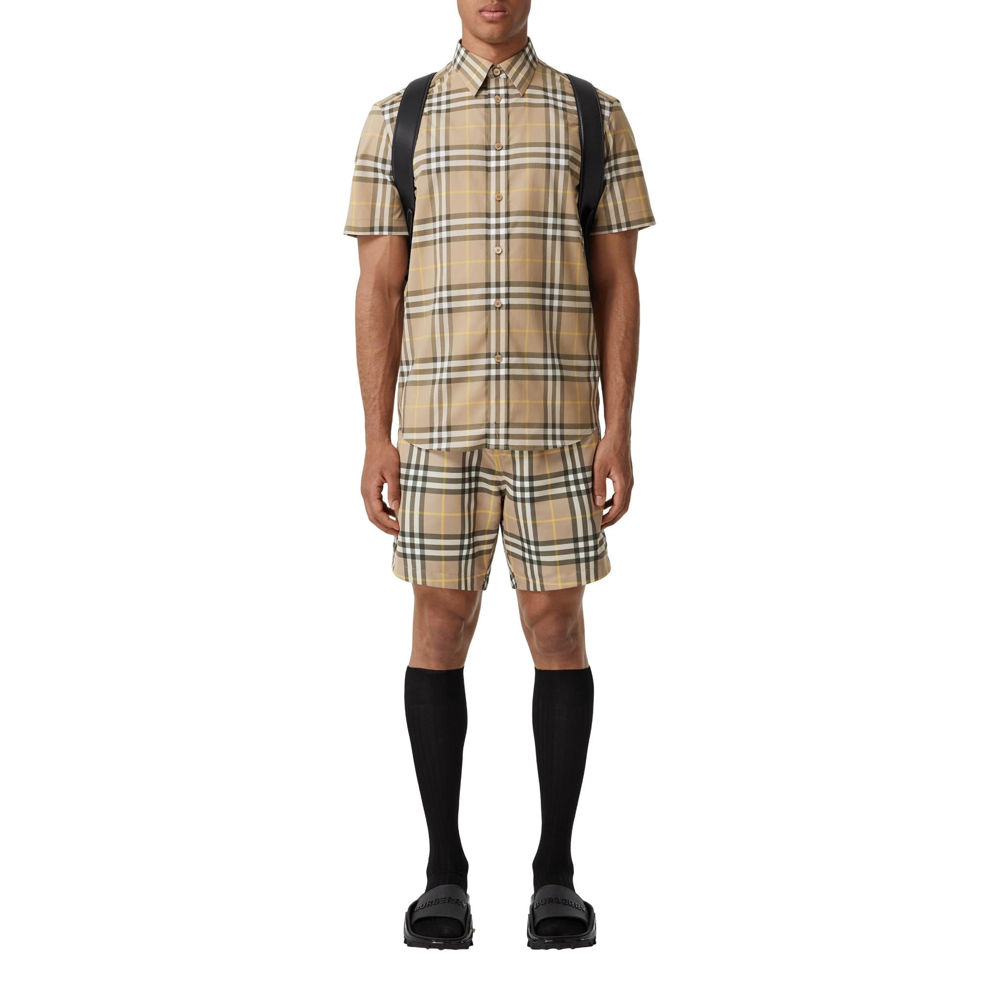 쇼트 슬리브 체크 코튼 셔츠