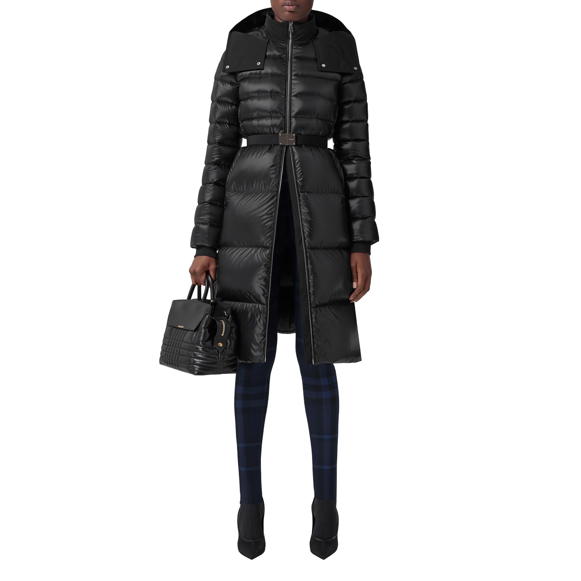 컨트라스트 후드 나일론 미드 렝스 퍼퍼 코트