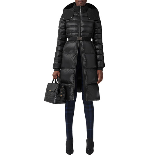 컨트라스트 후드 나일론 미드 렝스 퍼퍼 코트