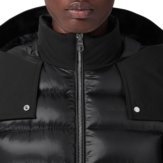 컨트라스트 후드 나일론 미드 렝스 퍼퍼 코트