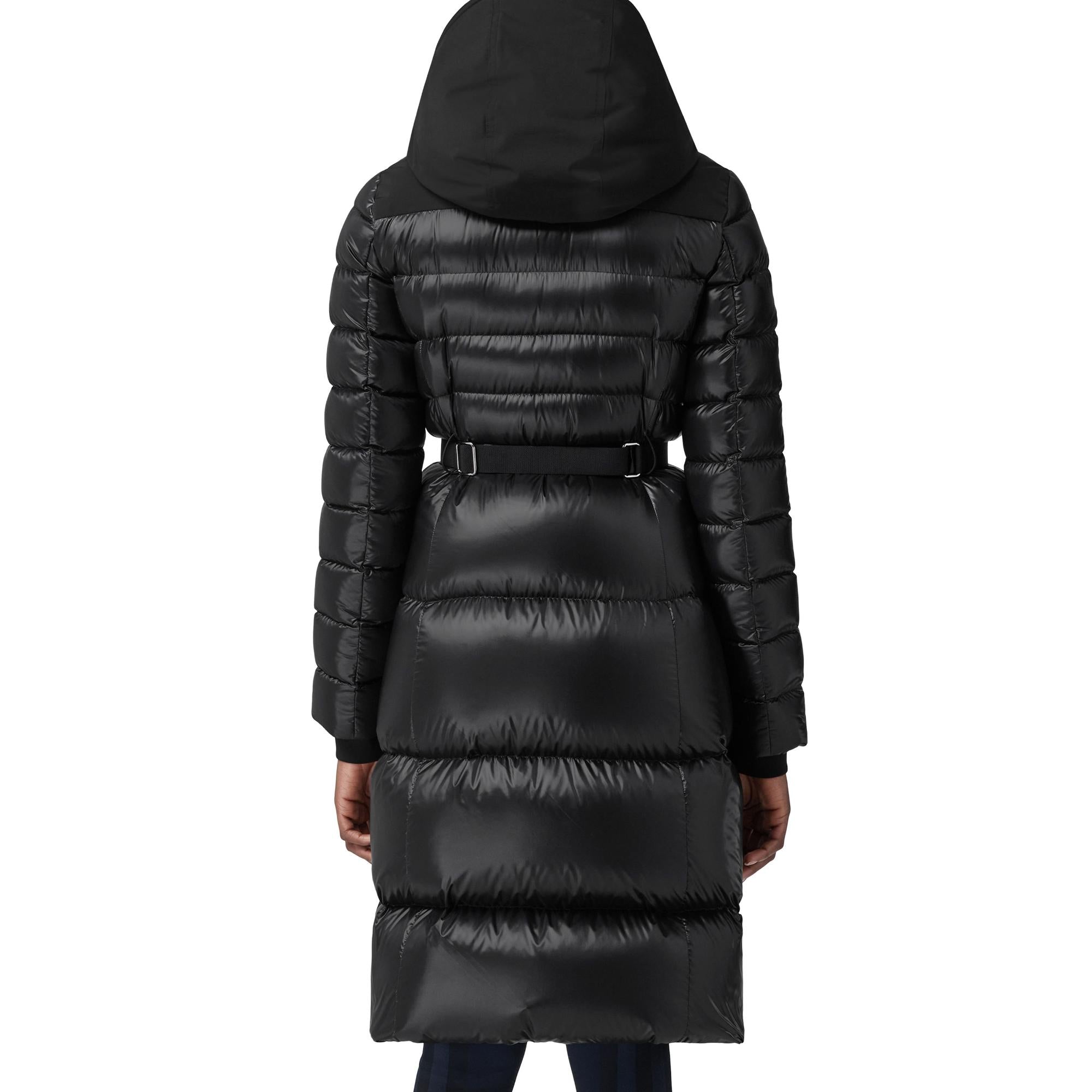 컨트라스트 후드 나일론 미드 렝스 퍼퍼 코트