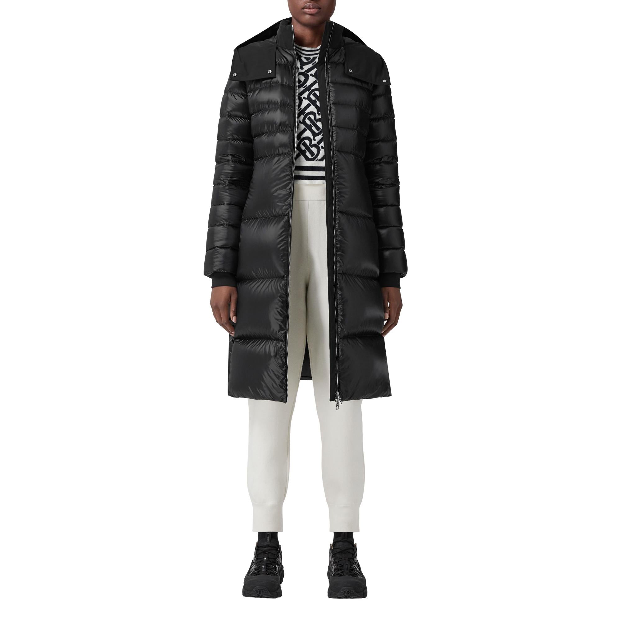 컨트라스트 후드 나일론 미드 렝스 퍼퍼 코트