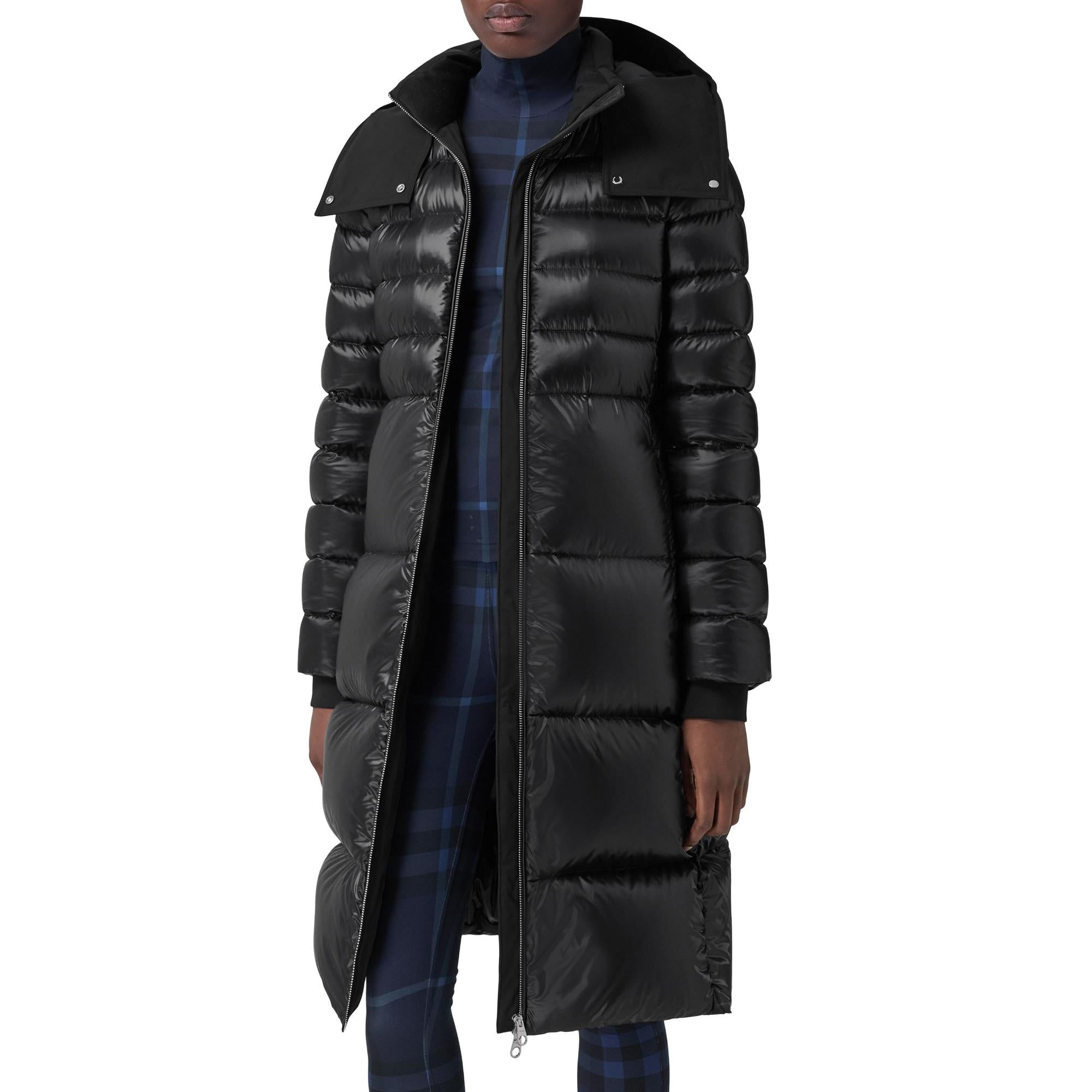 컨트라스트 후드 나일론 미드 렝스 퍼퍼 코트