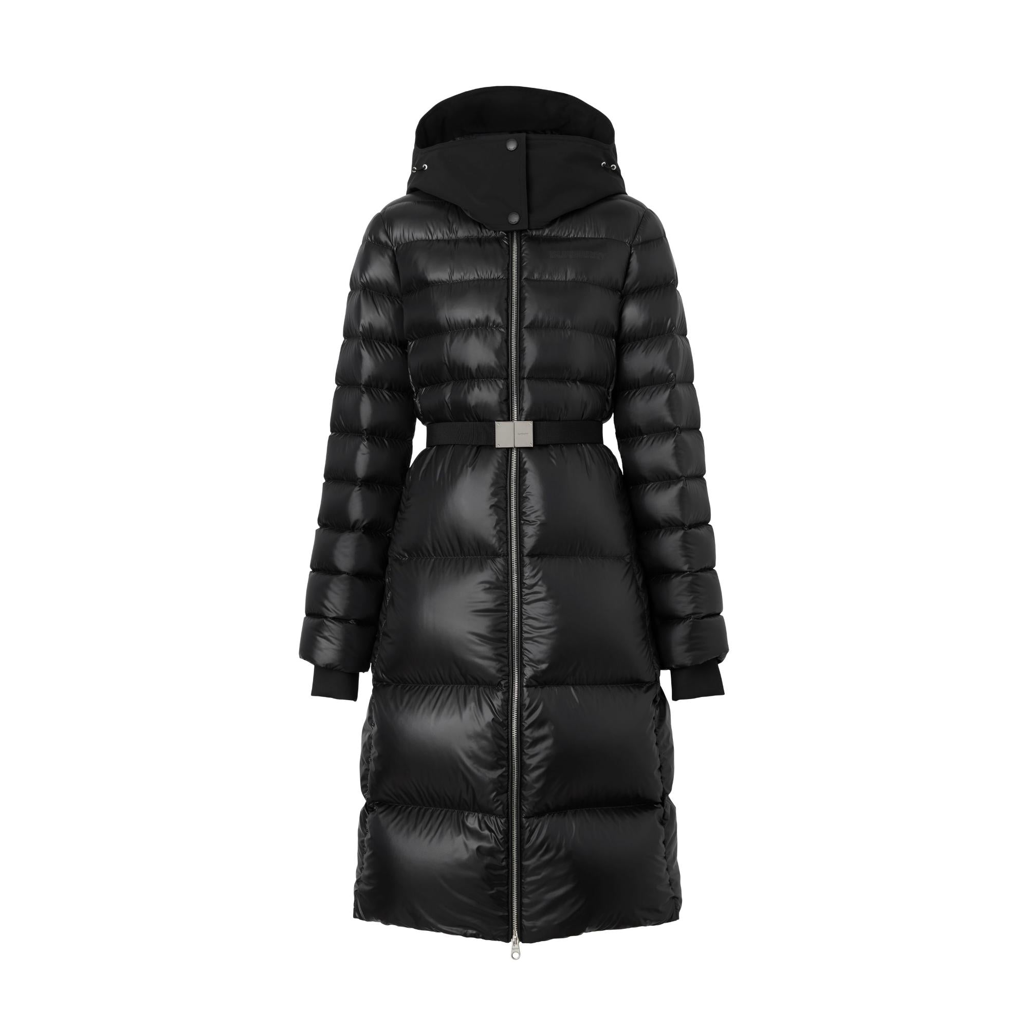 컨트라스트 후드 나일론 미드 렝스 퍼퍼 코트