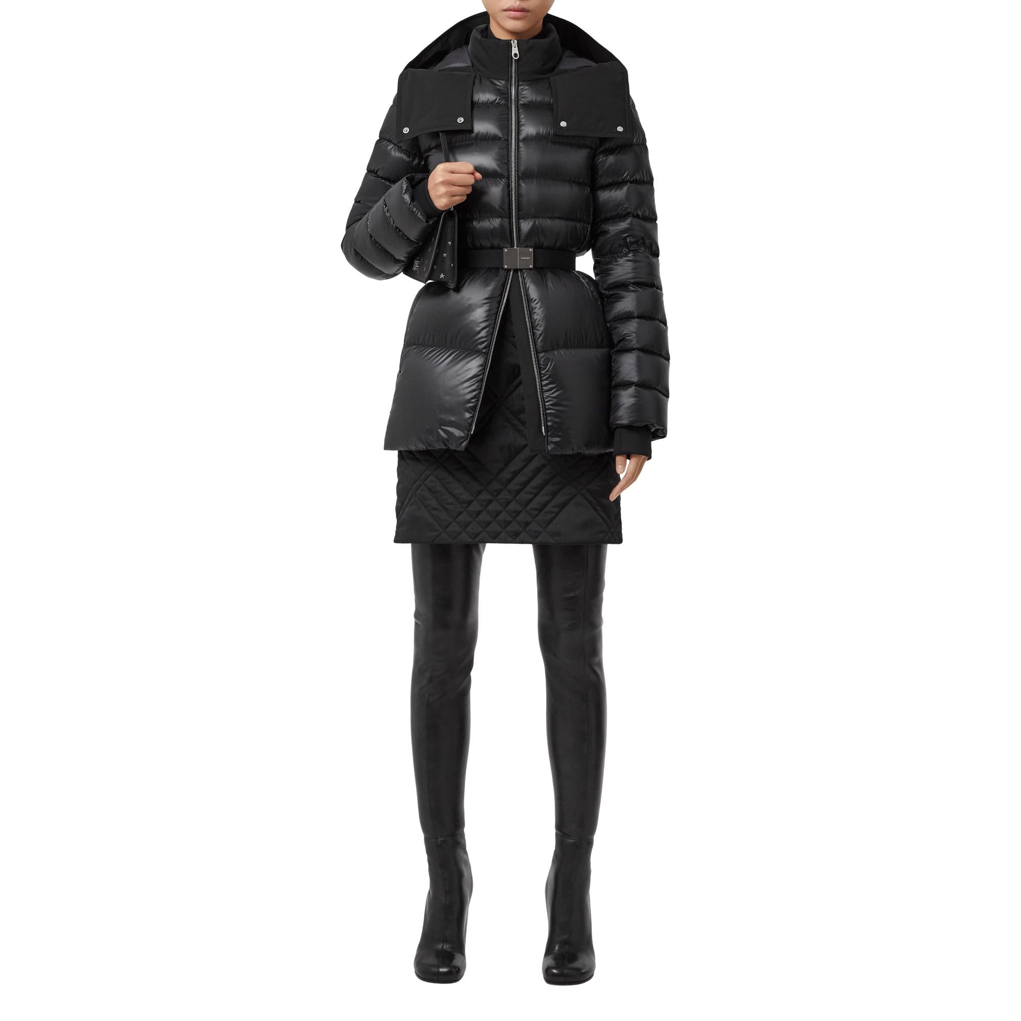 컨트라스트 후드 나일론 벨트 퍼퍼 재킷