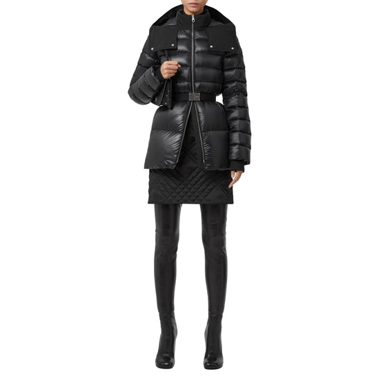 컨트라스트 후드 나일론 벨트 퍼퍼 재킷