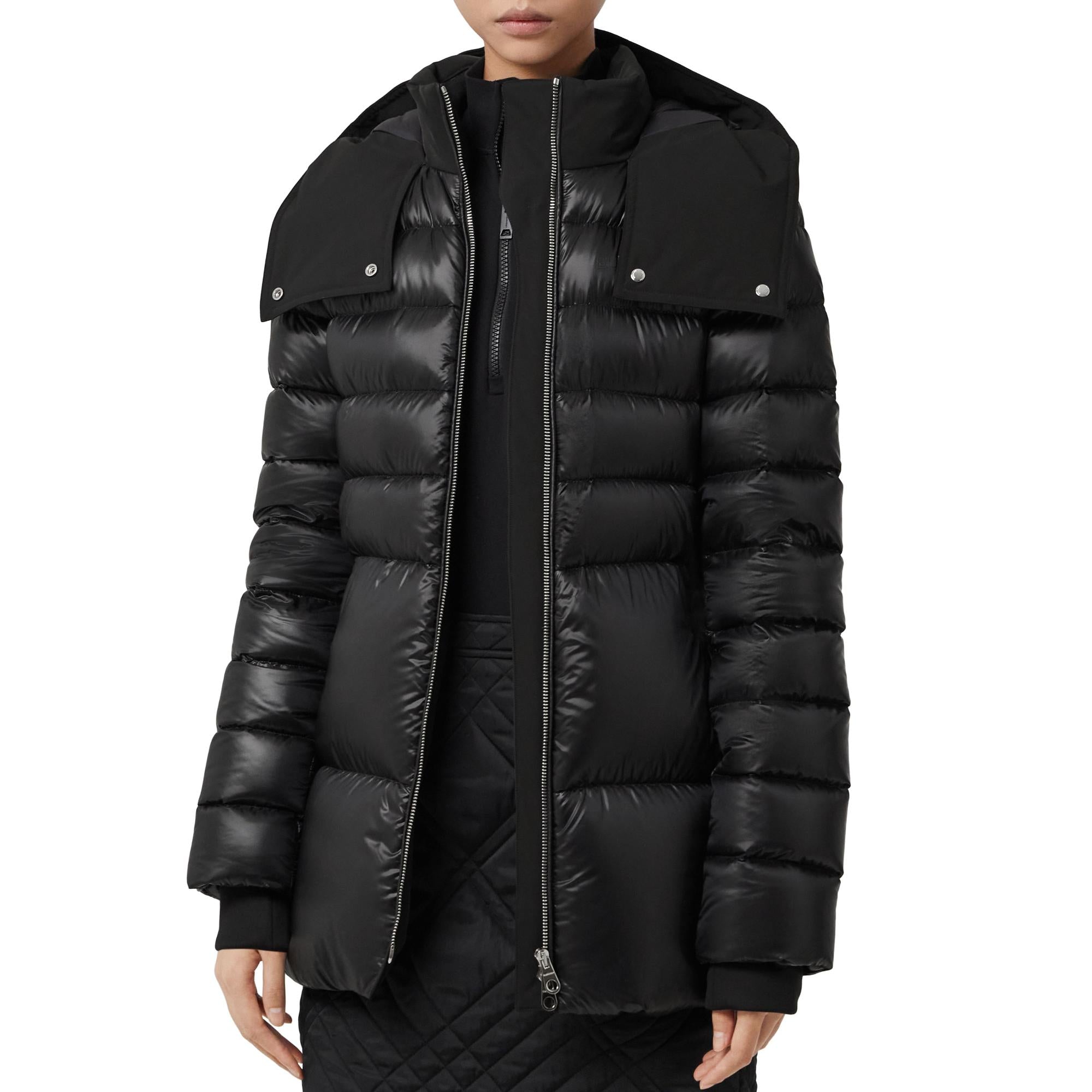 컨트라스트 후드 나일론 벨트 퍼퍼 재킷