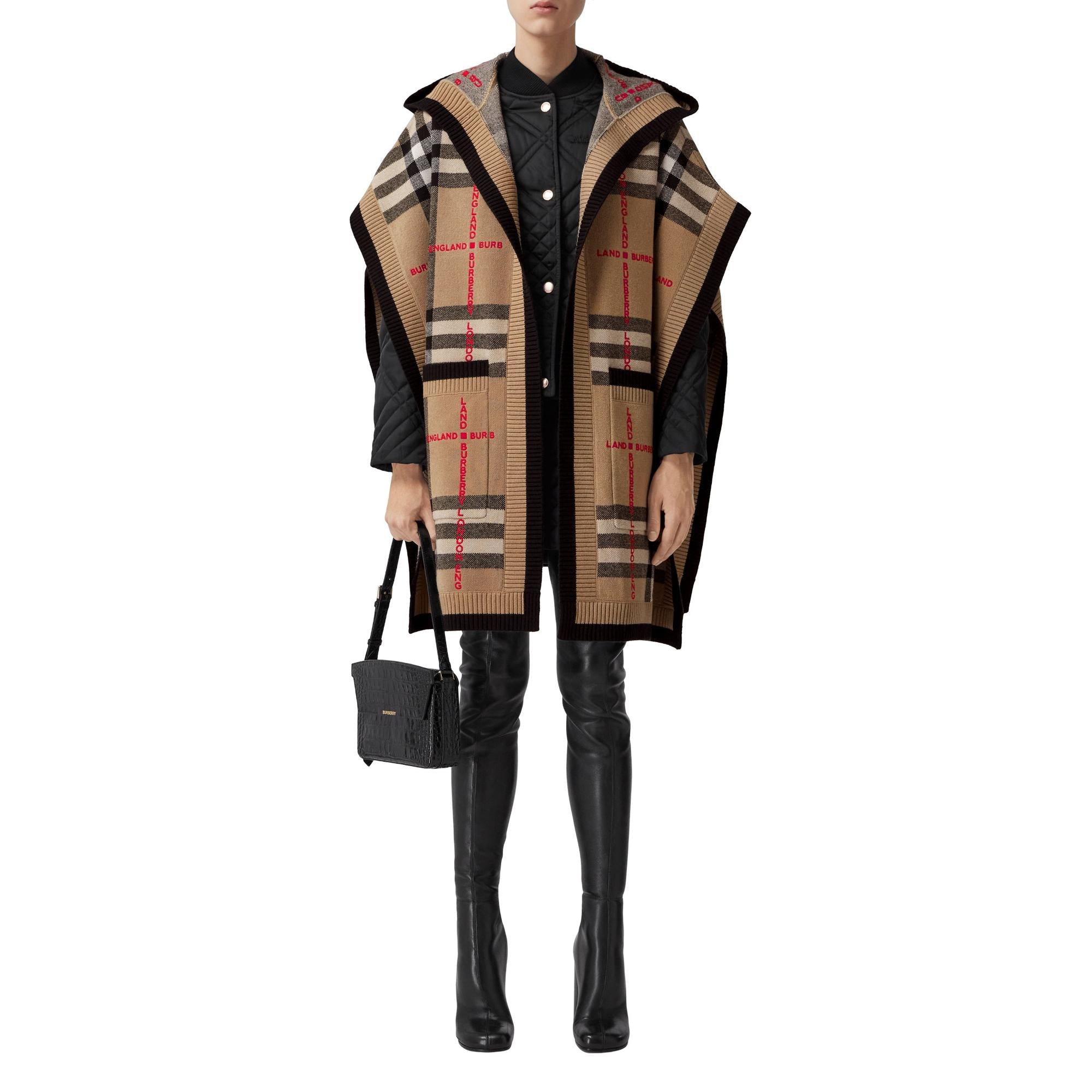 체크 울 캐시미어 후드 케이프