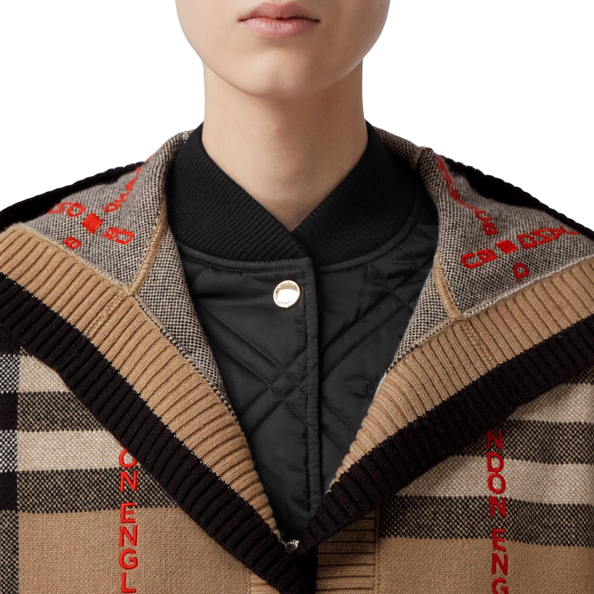 체크 울 캐시미어 후드 케이프